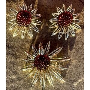 Vintage Sarah Coventry Flower Brooch Pin Clip On Earrings Set Floral Gold Tone